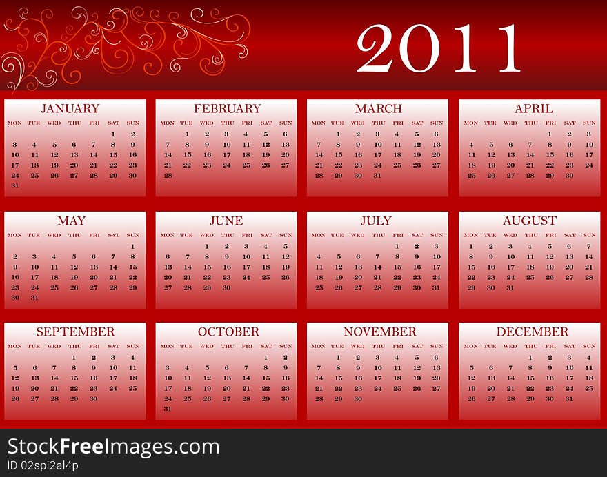 Calendar for 2011, weeks start from Monday. Calendar for 2011, weeks start from Monday