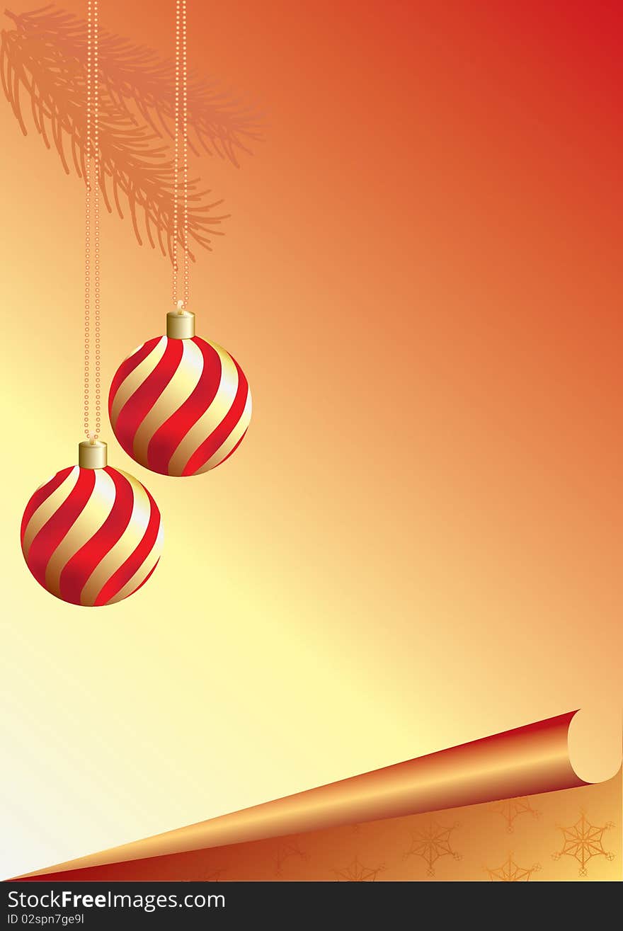 Two Christmas balls on a red background with wrapped up corner