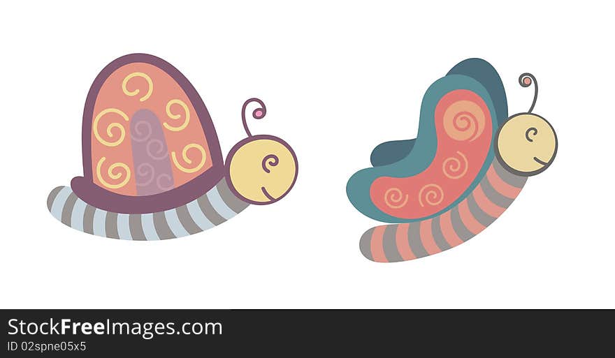 Set of stylized Cartoon Bug Illustrations - snail and butterfly with curly ornaments. Set of stylized Cartoon Bug Illustrations - snail and butterfly with curly ornaments