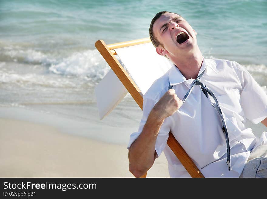 Tired businessman on sea