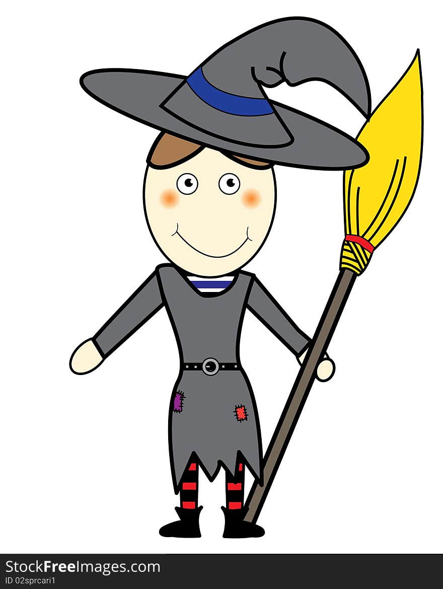 illustration of funny witch wears a gray suit and in the her hand keeps a besom