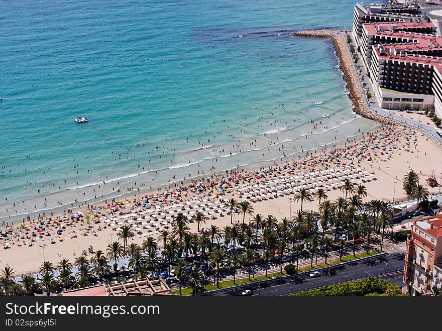 Beach and Hotel at Alicante, Spain, from the Castillo de Santa Barbara