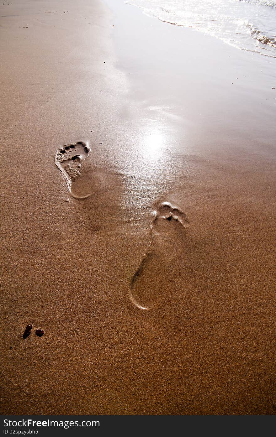 Footprints in the sand and reflections