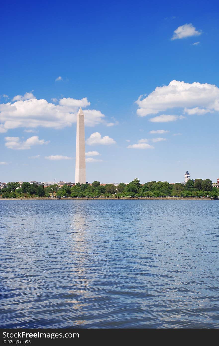 A photo of the Washington Monument over the Tidal Basin water reservoir in the city of Washington D.C.