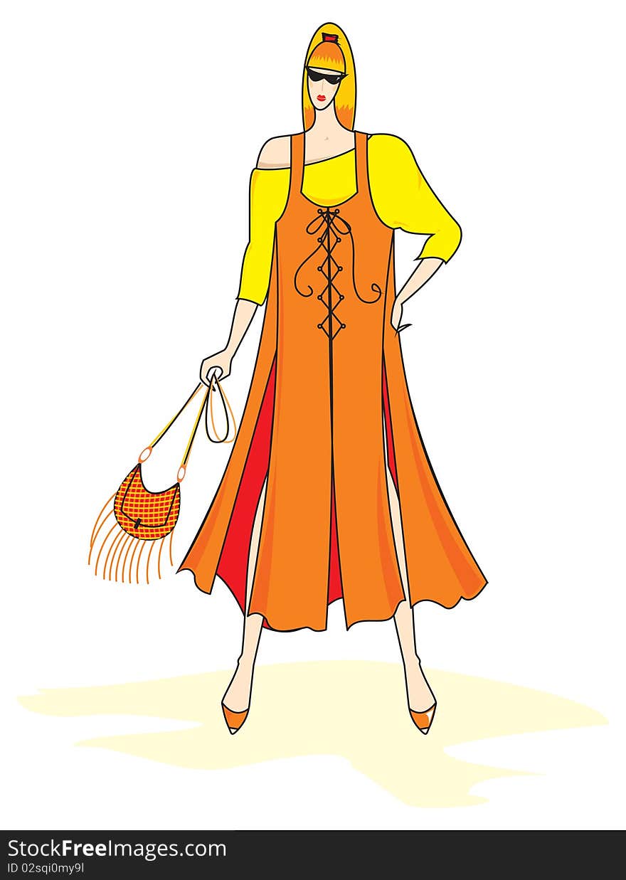 Vector drawing of a young woman in fashionable summer vintage clothing. Vector drawing of a young woman in fashionable summer vintage clothing.