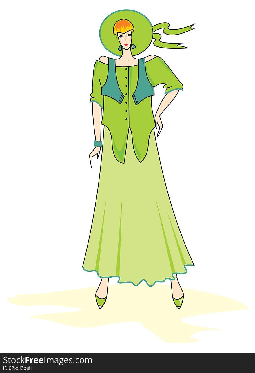 Vector drawing of a young woman in fashionable summer vintage clothing. Vector drawing of a young woman in fashionable summer vintage clothing.