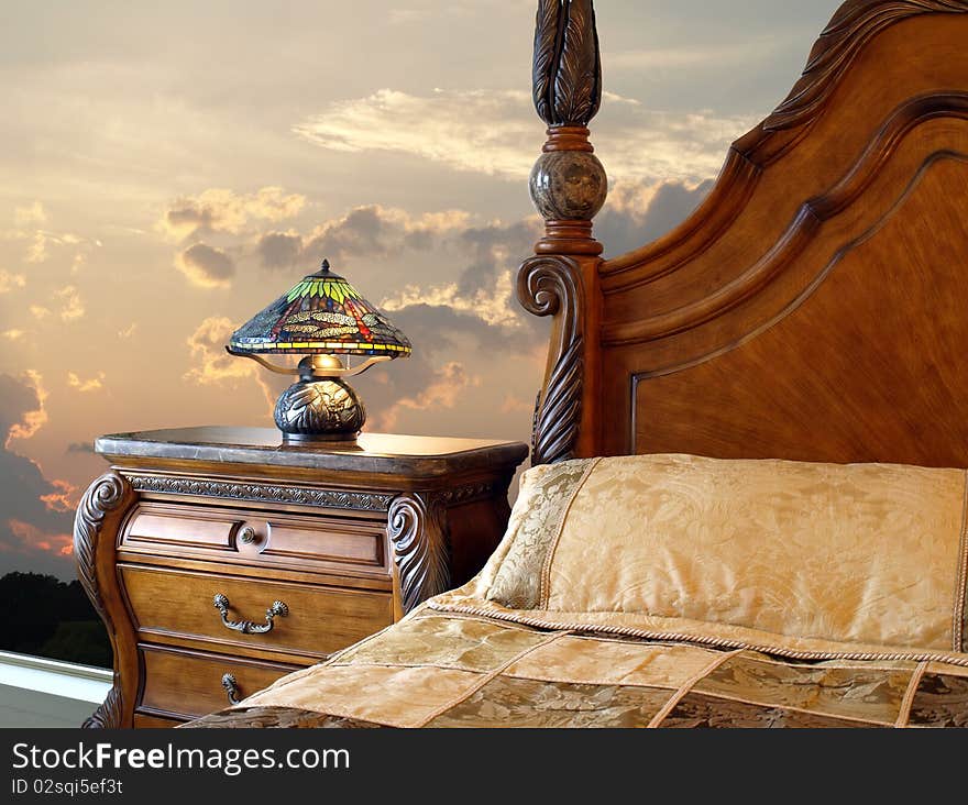 Bedroom in classic style wirh beautiful sunset. Bedroom in classic style wirh beautiful sunset