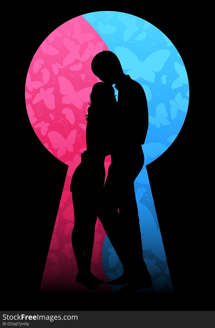 Silhouette of lovers on a background with butterflies