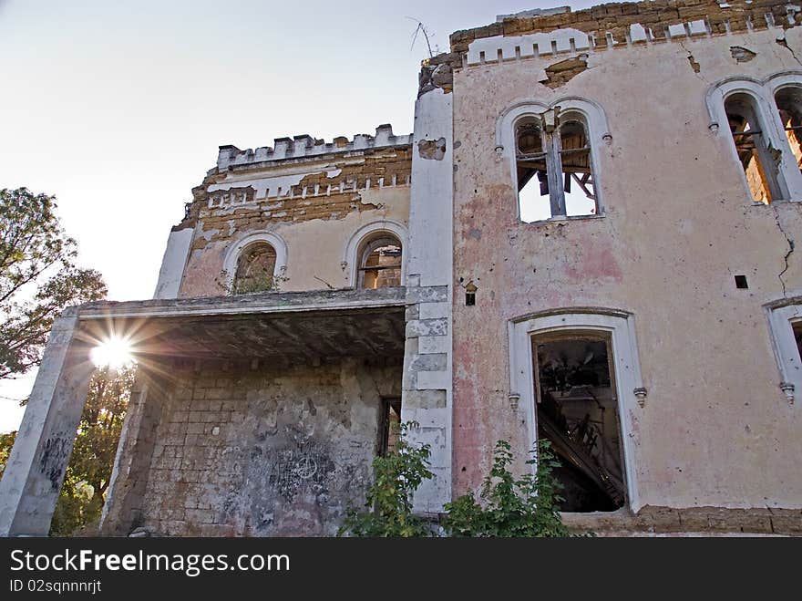 Destroyed old castle and sun. Destroyed old castle and sun