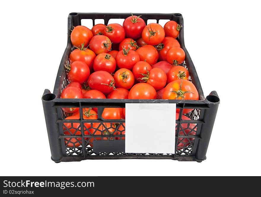 The box of bright red tomatoes isolated over white