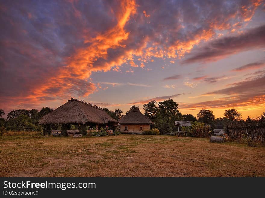 Country landscape with the cottage at sunrise. Country landscape with the cottage at sunrise