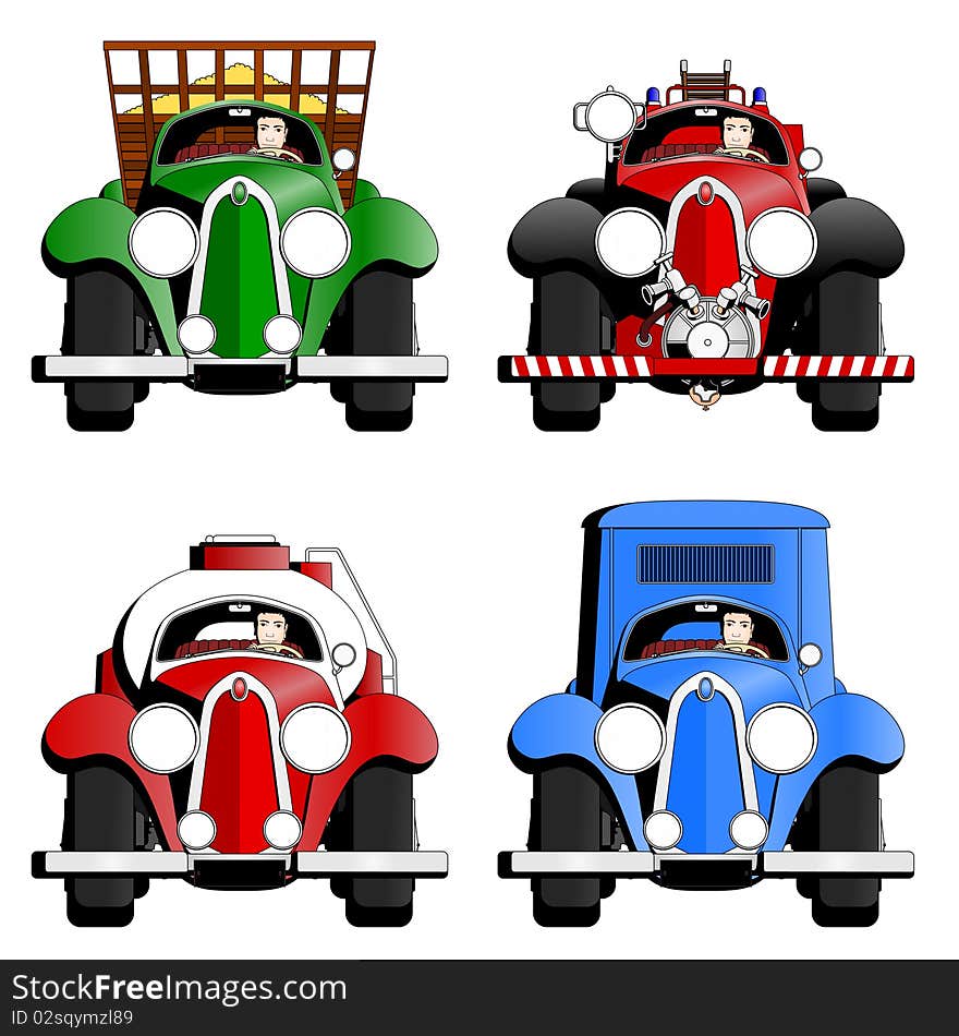 Four old trucks with driver, lorry, fire truck, van and tank truck, isolated illustrations