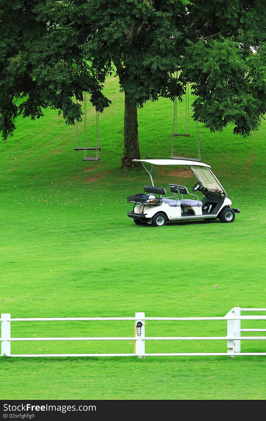 White golf cart in golf course