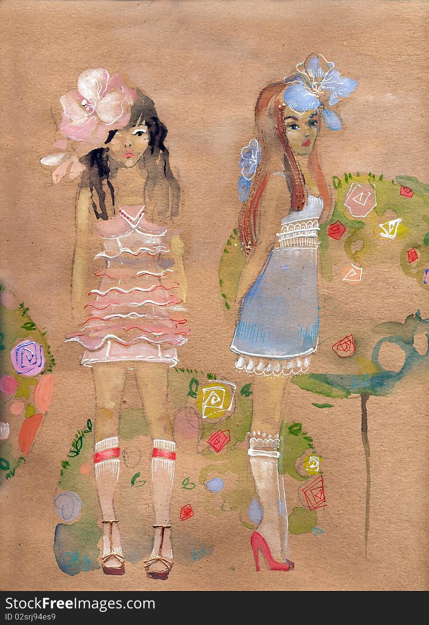 Watercolor drawing of two beautiful girls in dresses. Watercolor drawing of two beautiful girls in dresses