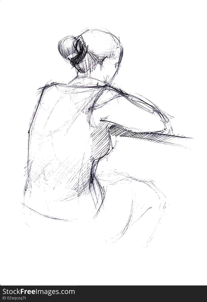 Black and white drawing girl from behind