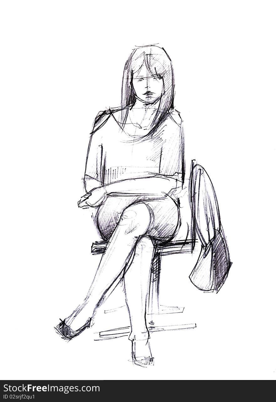 Black and white drawing girl sitting on a chair. Black and white drawing girl sitting on a chair