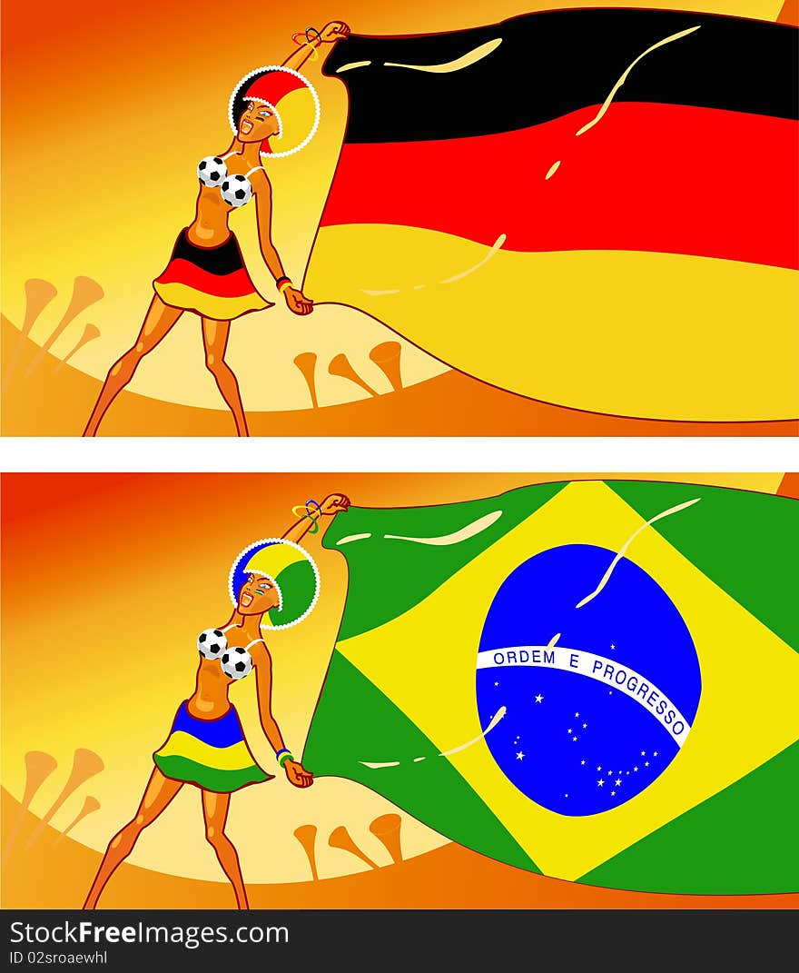 German and Brazilian girl football fans at stadiums waving flag