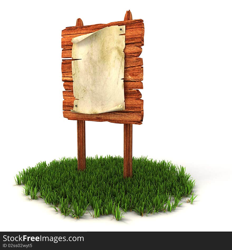 Old blank poster on the wooden billboard isolated on the white background