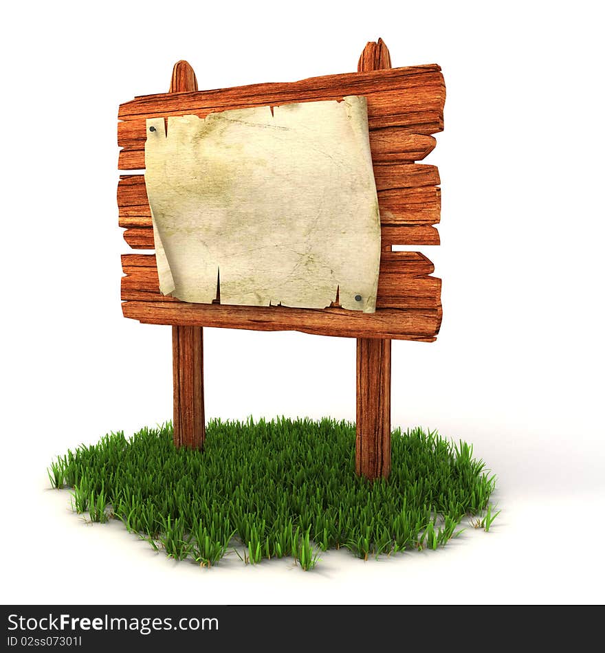 Old blank manuscript on the wooden billboard isolated on the white background