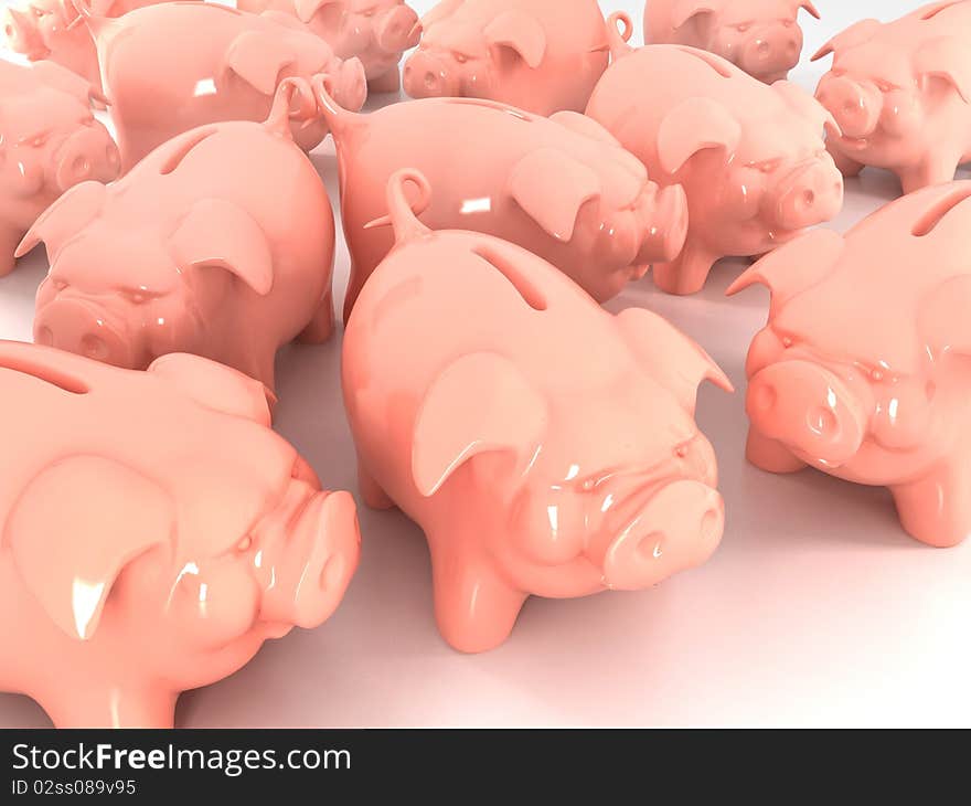 Piggy banks on the reflective white background