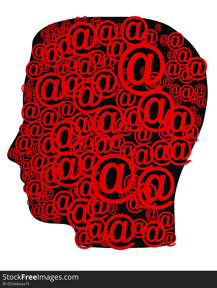 3d symbol of e-mail on a dark background of the head