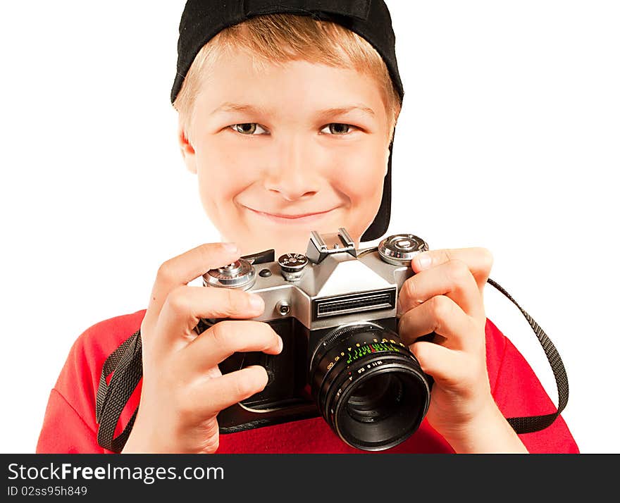 Professional photographer isolated on white. Portrait of young teenager