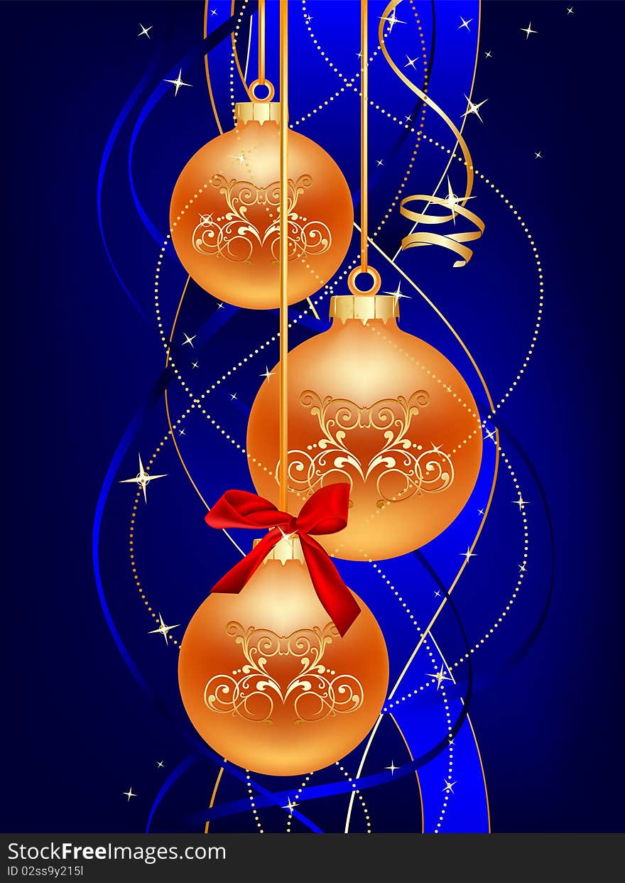 Three gold christmas ball on blue background. Three gold christmas ball on blue background