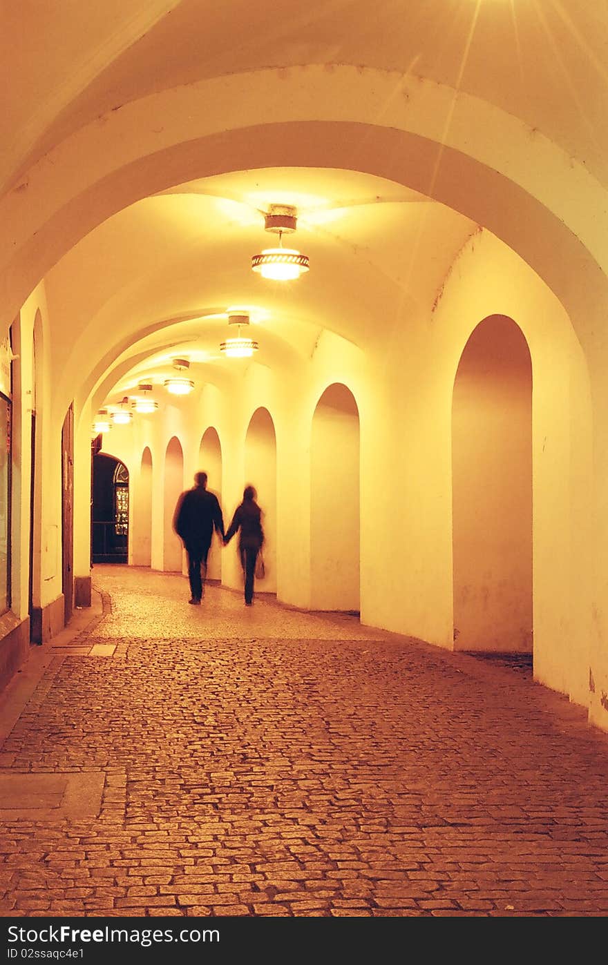 A night shot of arcade in Prague, Czech Republic. A night shot of arcade in Prague, Czech Republic