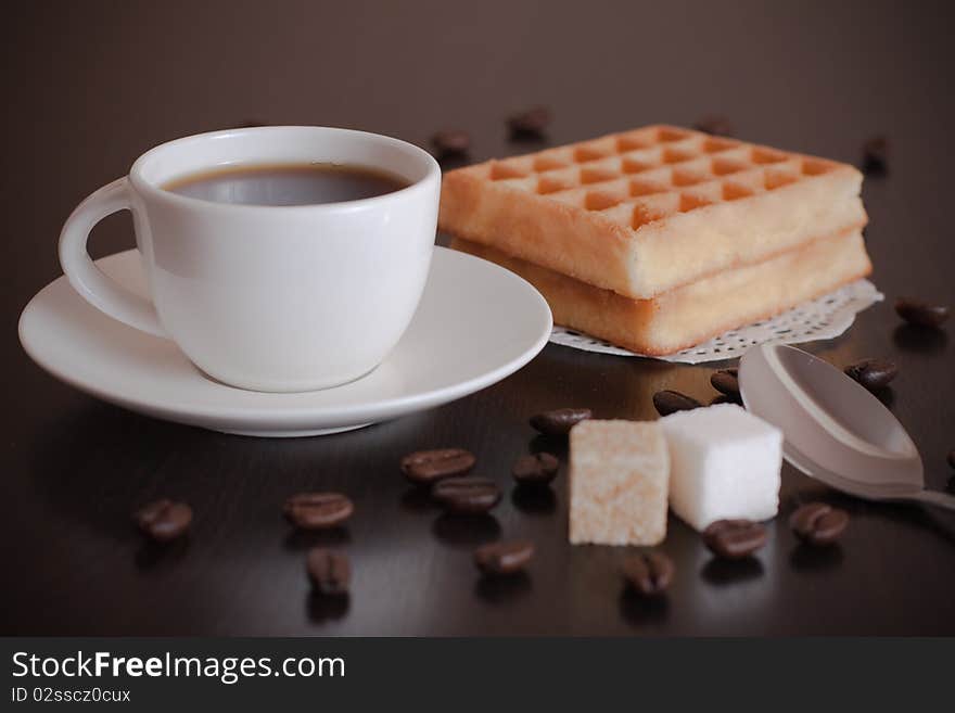 Coffee cup with wafers and grains. Coffee cup with wafers and grains