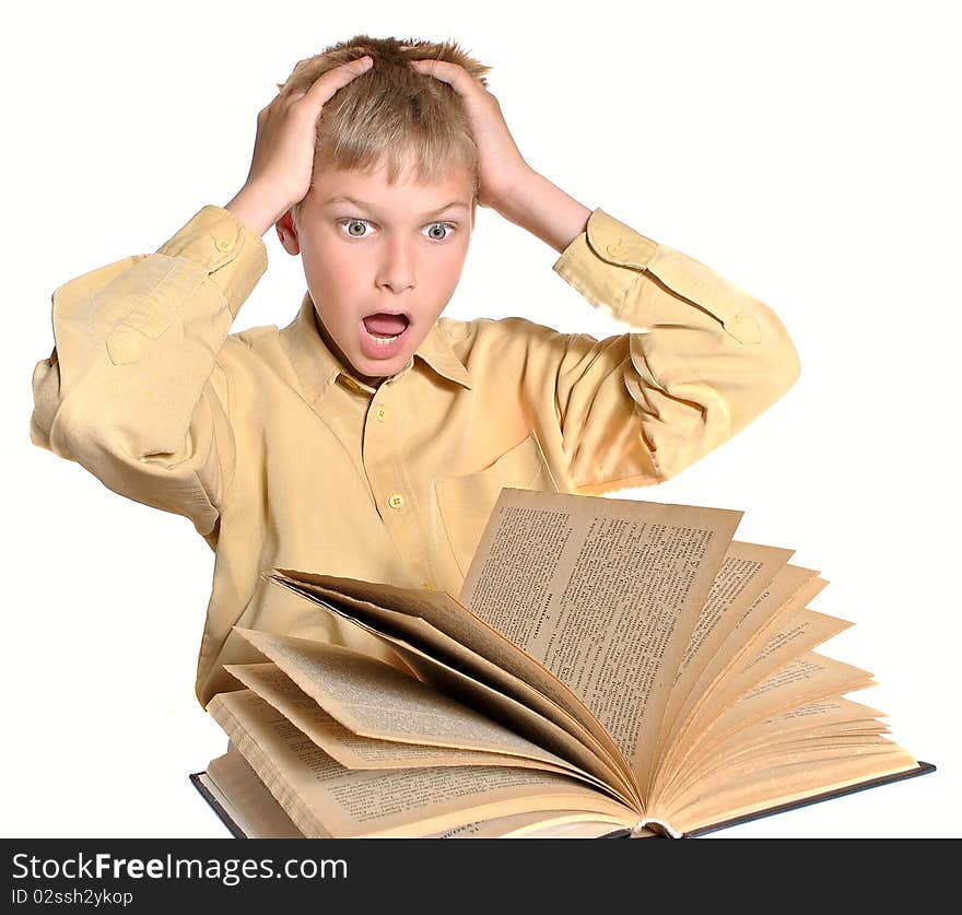 Teenager reads book. Reception of formation. Isolation on white background.