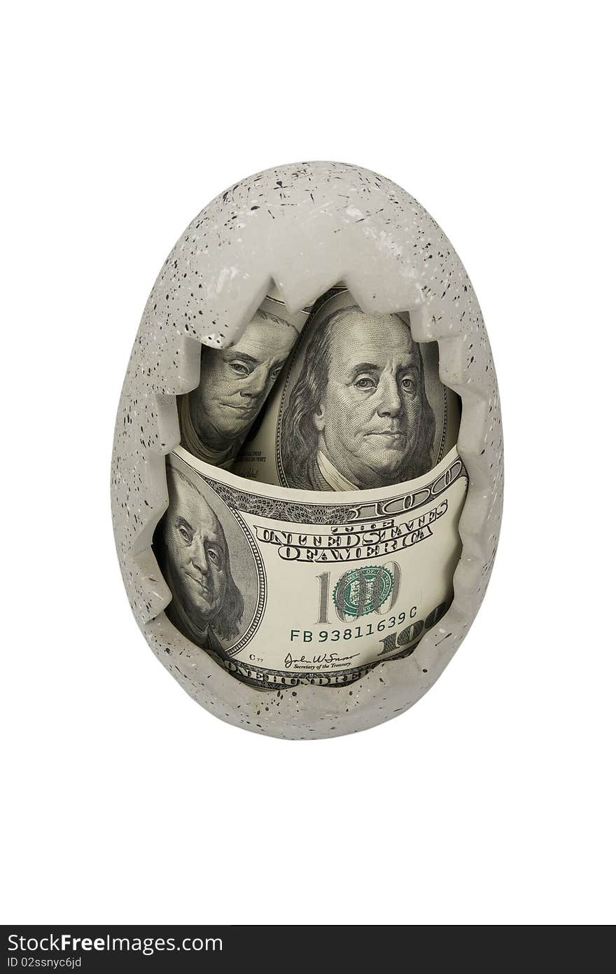 Dollars in ceramic egg. isolated on a white background. Dollars in ceramic egg. isolated on a white background