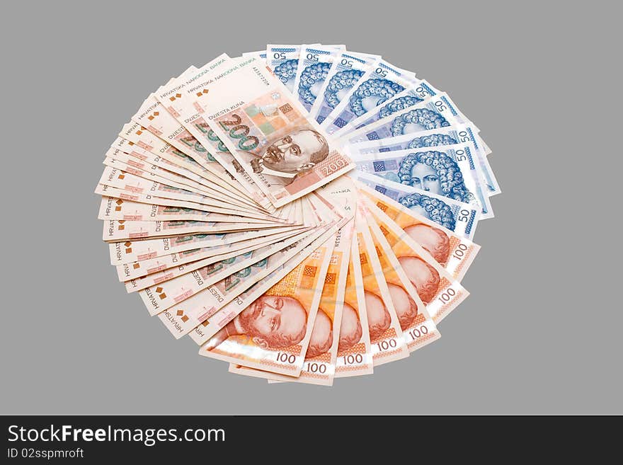 Croatian Kuna Banknotes Isolated On Gray