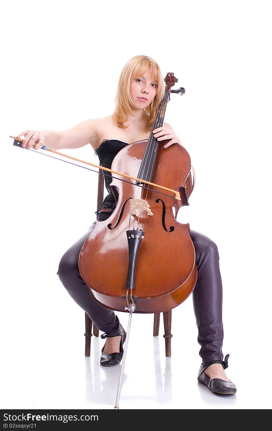 Girl with a cello with a white background