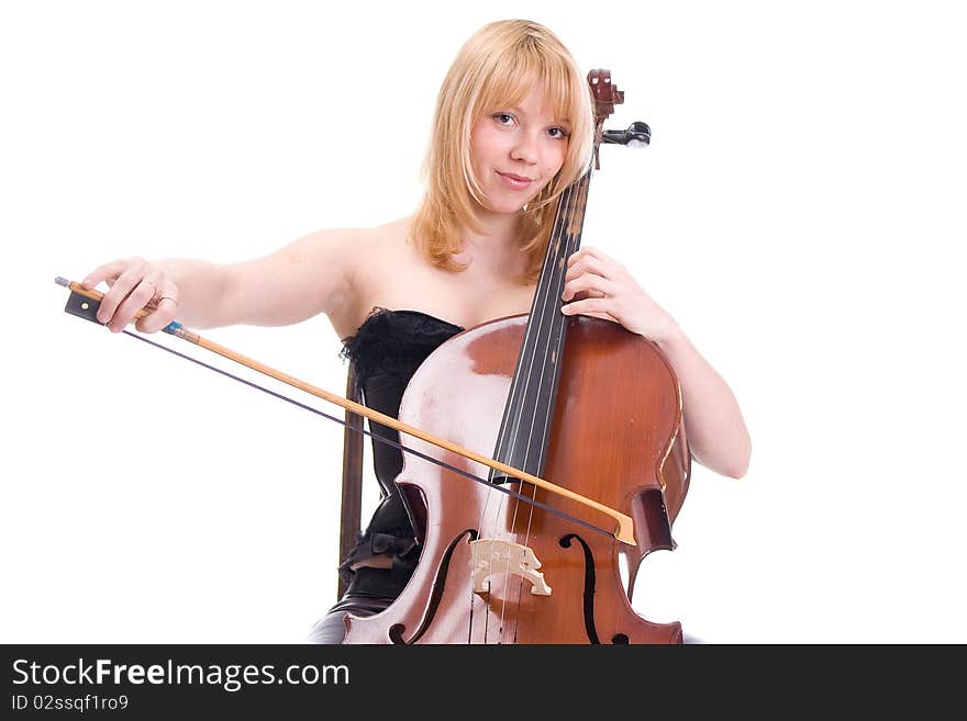 Girl with a cello with a white background