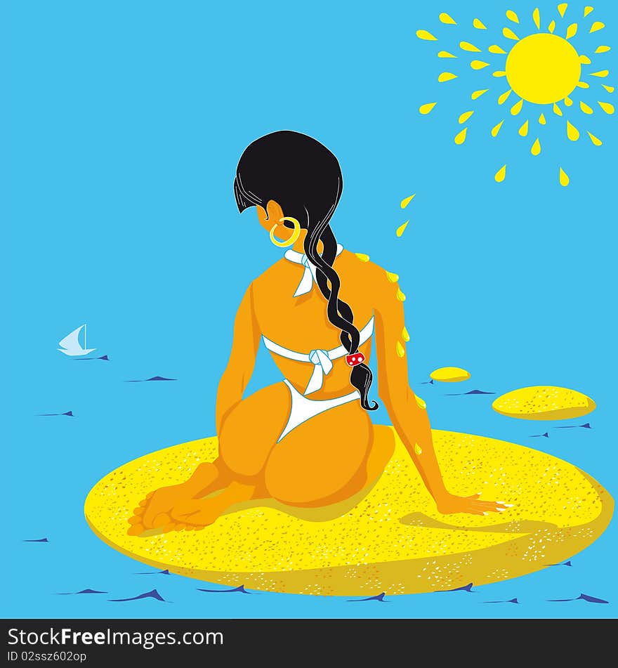 Girl on the island, yellow sand, a woman sits, the man on the beach, azure sea, the waves of the sea, the girl tanning, watching the boat, watching the yacht sails are white, white swimsuit, beautiful tan, bright sunshine, gentle rays, yellow, summer on the beach, rest on the sea, long hair, black braid, small islands