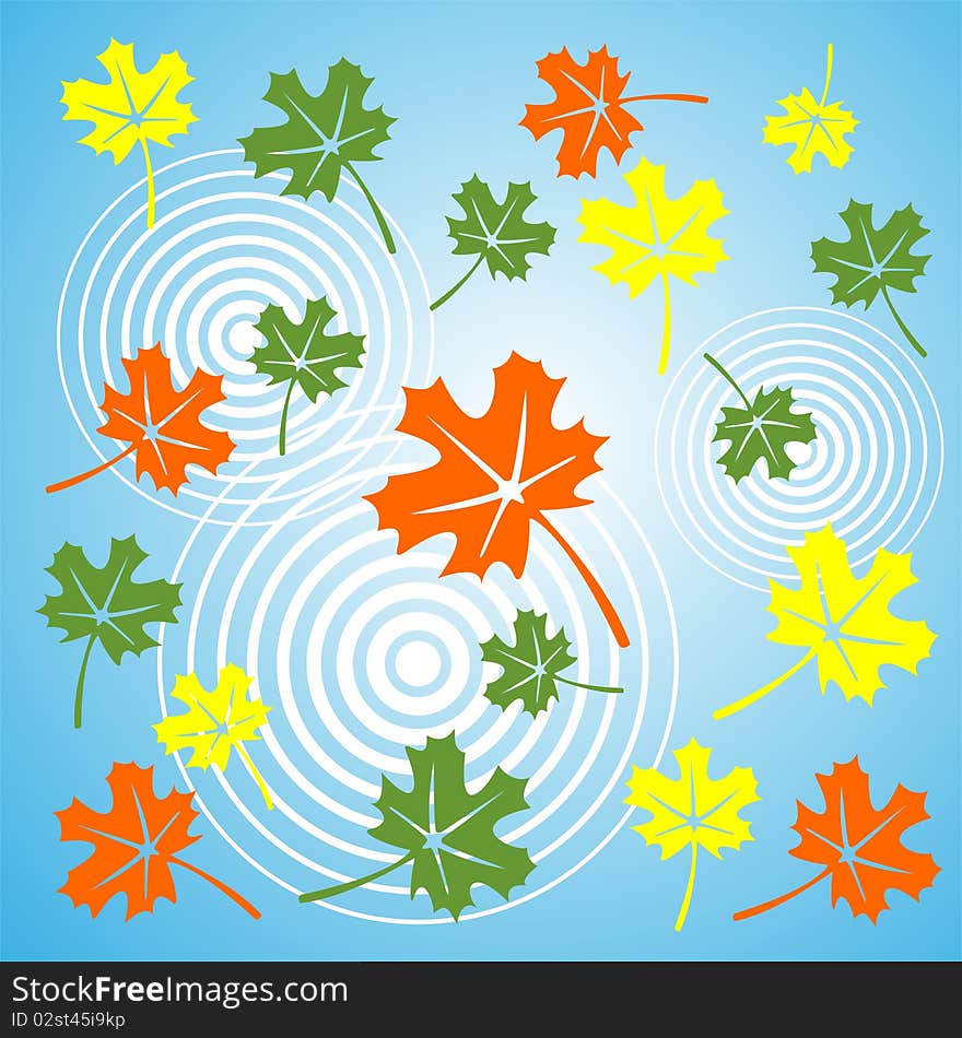 Stylized autumn leaves on a blue background.