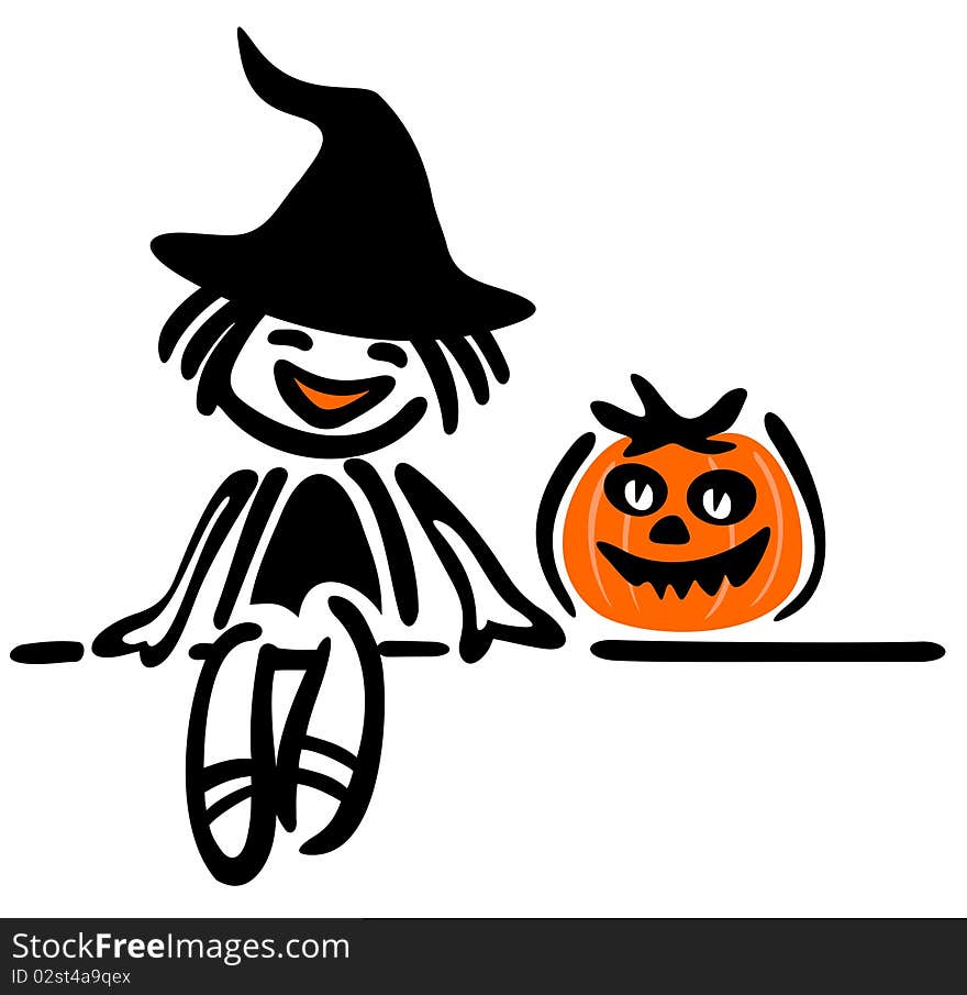 Happy girl with pumpkin on a white background. Halloween illustration. Happy girl with pumpkin on a white background. Halloween illustration.