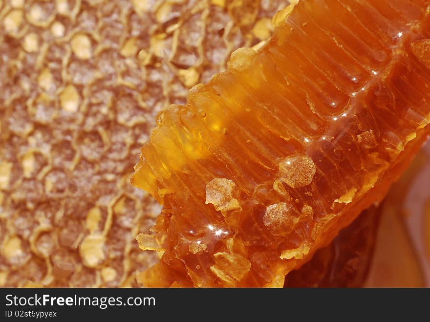 Honeycomb with wax and honey with specks