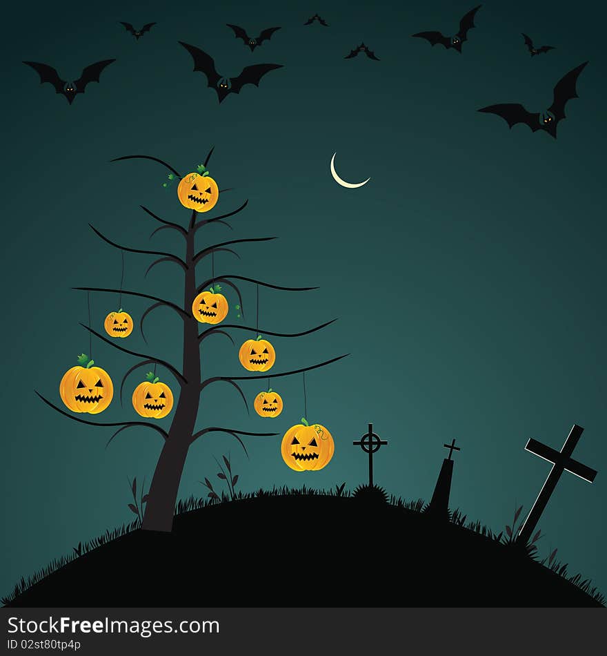 Halloween background with bats, pumpkins, elements for design, illustration