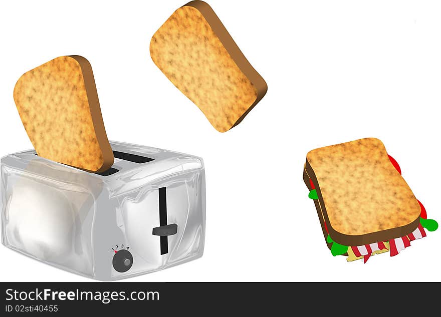 Image toaster with toast and fried sandwich with bacon, cheese, and tomatoes