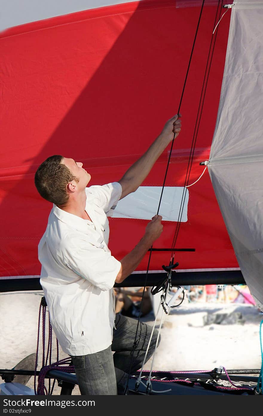 Man on sea catamaran background