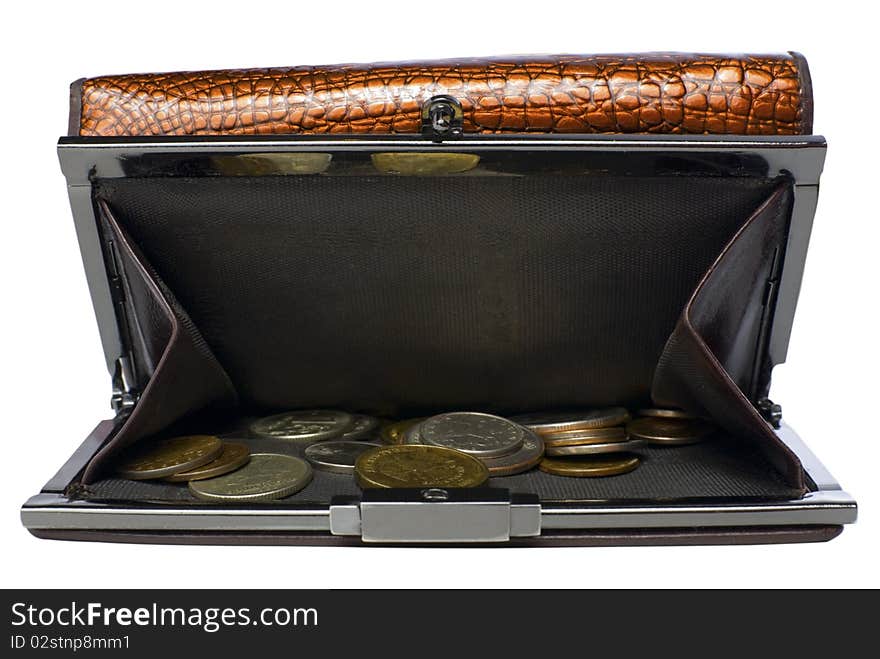 Brown leather female wallet with russian currency. Isolated on white background. Brown leather female wallet with russian currency. Isolated on white background