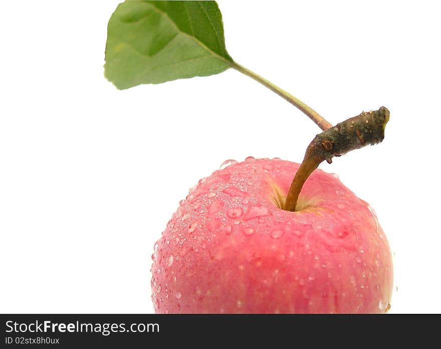 Red apple with green leaf is shown in the picture. Red apple with green leaf is shown in the picture.