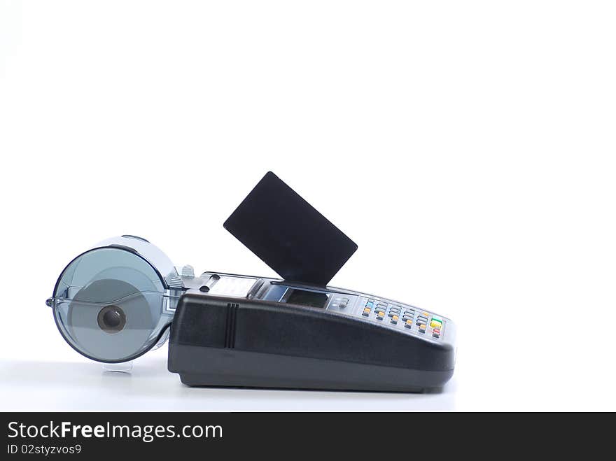 Man hand charging the blank credit card isolated on white. Man hand charging the blank credit card isolated on white