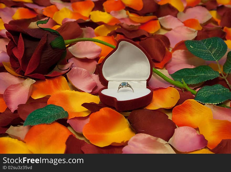 The rose petals, beautiful rose and ring with box on the table as the wedding gift.