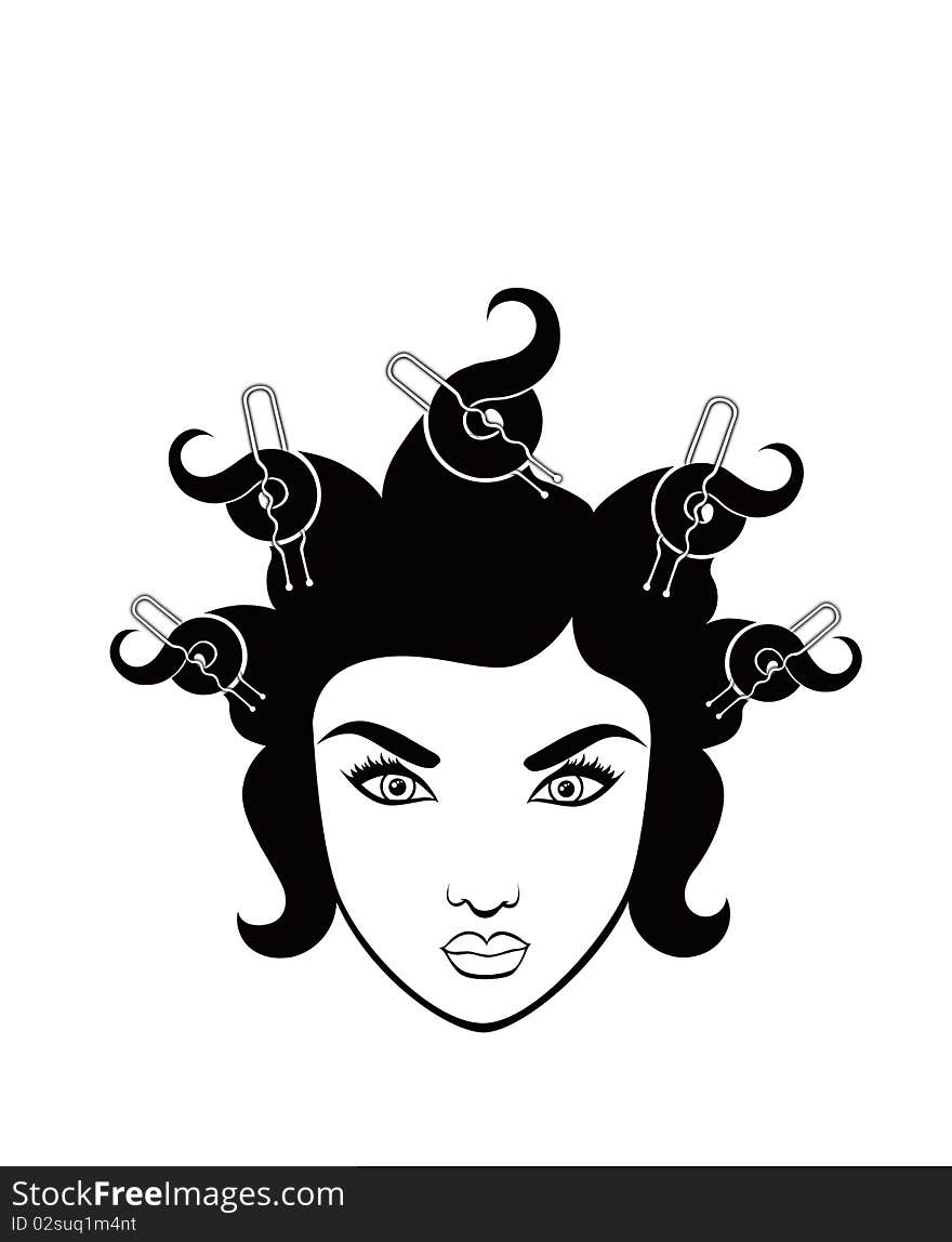 Illustration of  girl  with hairdressing accessories in her hair