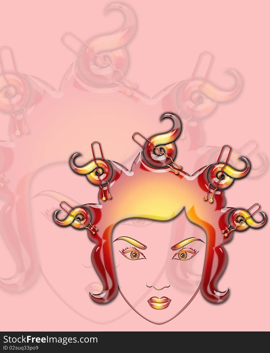 Illustration of girl with hairdressing accessories in her hair. Illustration of girl with hairdressing accessories in her hair