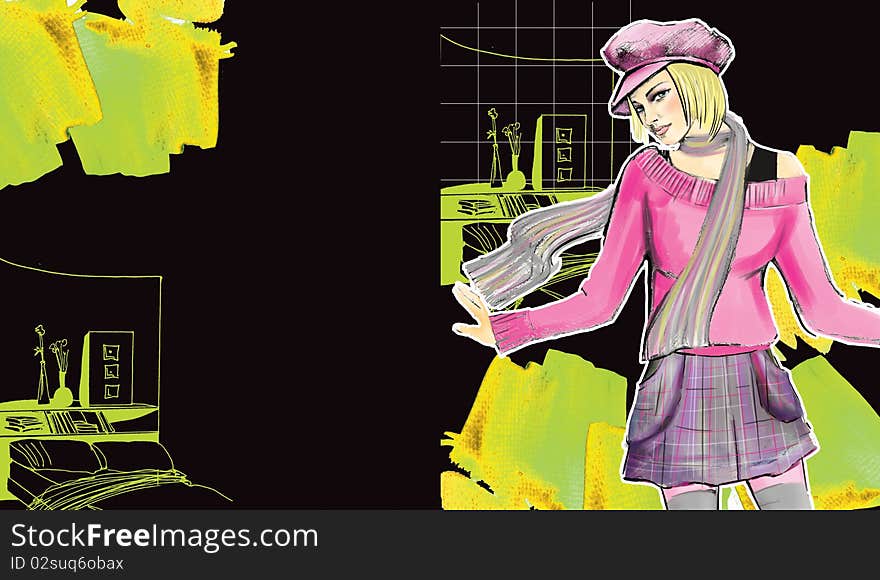 Drawing fashion girl on a water-colour background