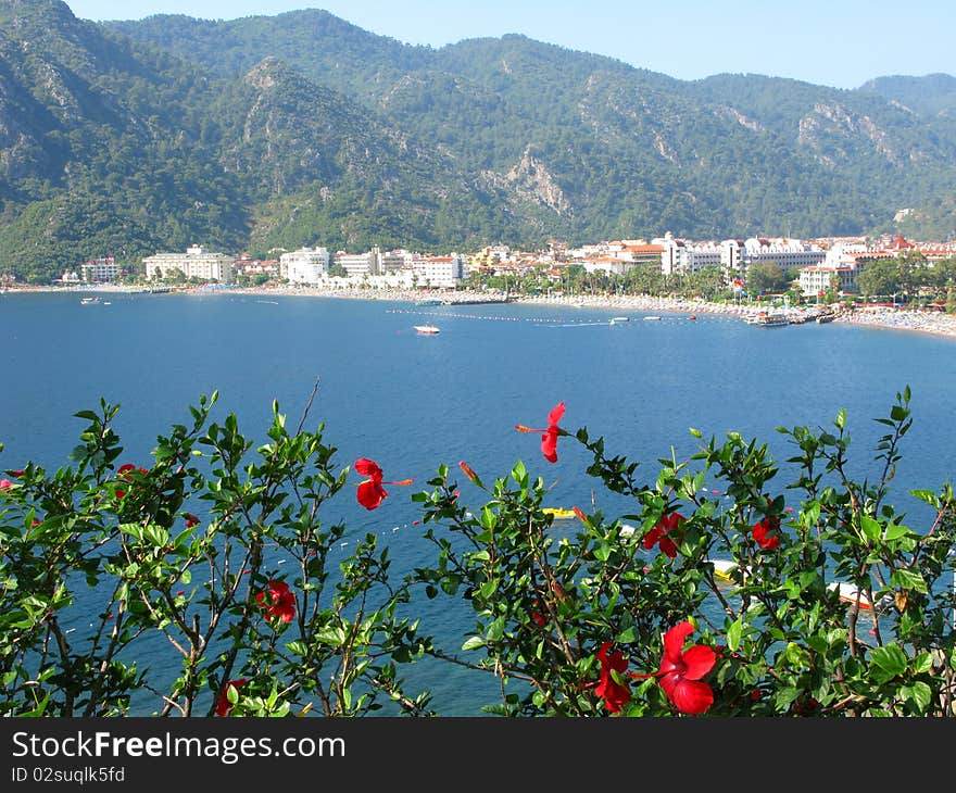 Aegean sea landscape view of coastline and mountains. Aegean sea landscape view of coastline and mountains