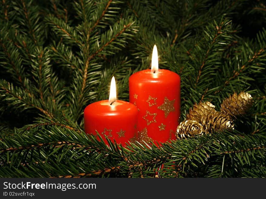 Two candles burning amongst twigs of the spruce. Two candles burning amongst twigs of the spruce